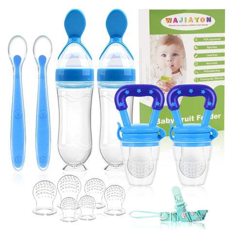 Baby Fruit Feeder Pacifier - 6 Pack | 2 Infant Food Pacifier & 2 Baby Food Dispensing Spoon | Fresh Fruit Teethers for Babies | Silicone Feeder Babies,Infant Teething Feeders (Blue)