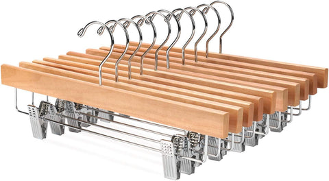 Nature Smile Wooden Pants Skirt Hangers with Clips, Natural, Pack of 10