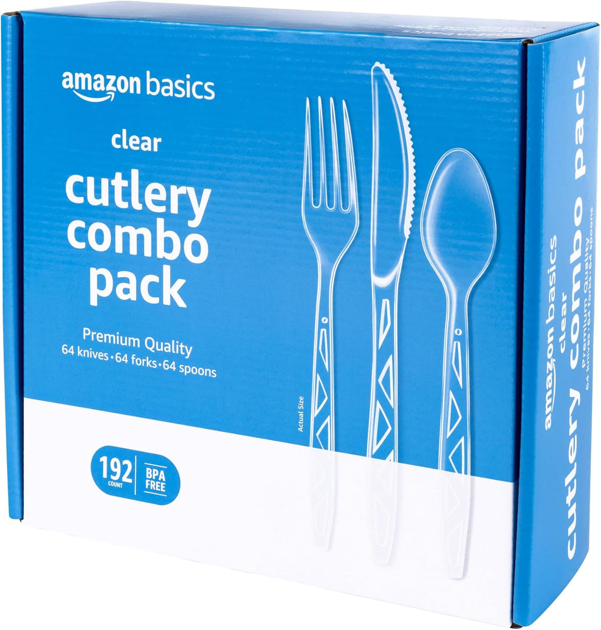 Amazon Basics Disposable Clear Plastic Cutlery Set, Premium Quality, Strong, 192 Count, Large Combo Pack Forks, Spoons and Knives