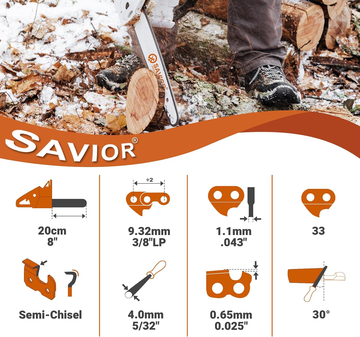 Savior 2Pcs 8 Inch Replacement Chain for Ryobi P4360 RY43160 P4361 P5452 for Milwaukee 3004-20 for Worx WG349.9 33 Drive Links 043" Gauge 3/8" LP Pitch 8 Inch Pole Saw Chain, R33