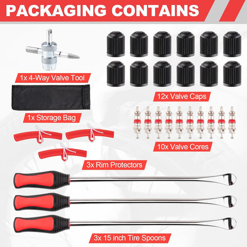 15" Tire Spoons Kit, Tire Changing Tool for Motorcycles, Dirt Bikes, Lawn Mowers and More, 29PCS Tire Removal Tool Set, with Tire Spoon, Rim Protector, Valve Tool, Valve Cover and Valve Core