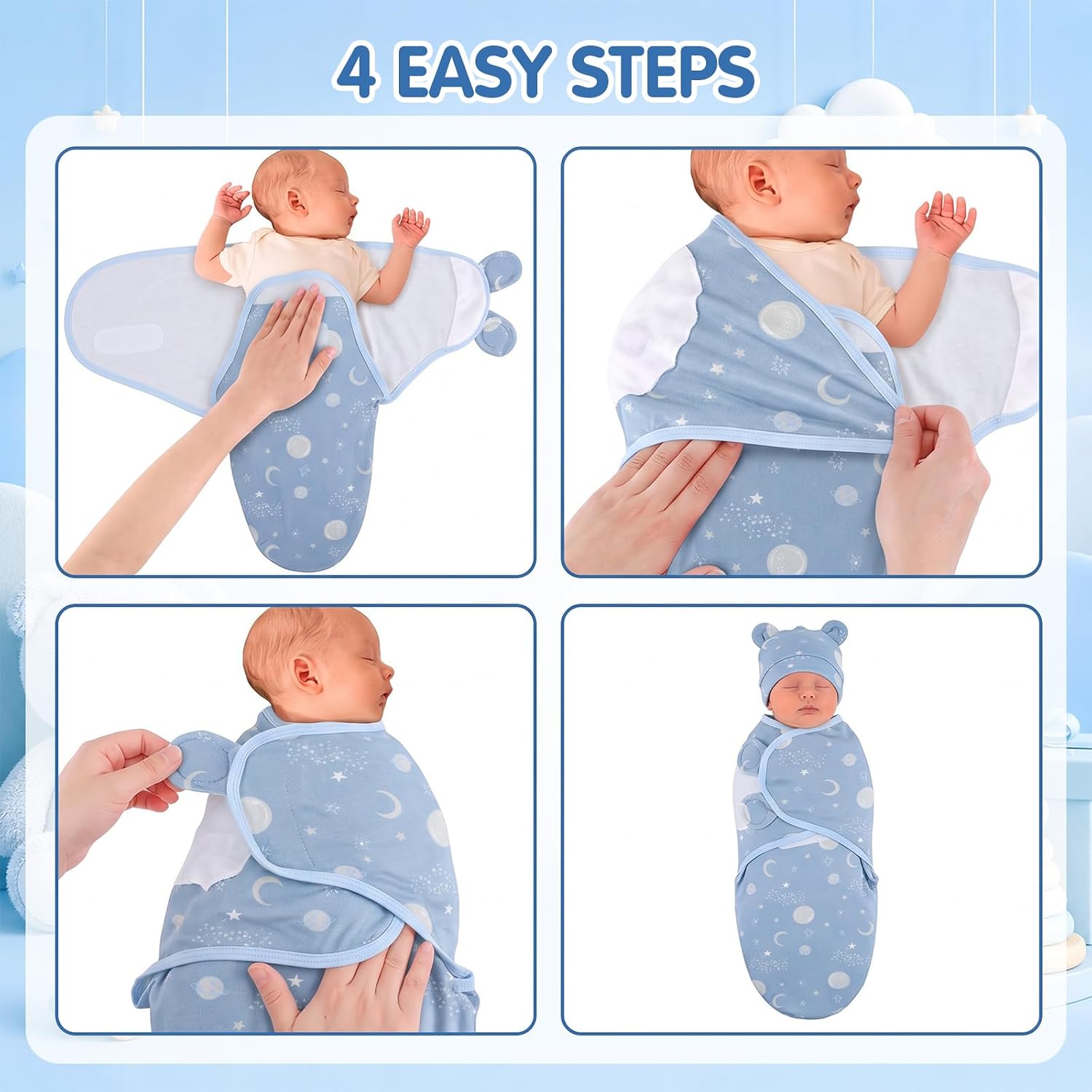 Buryeah 4 Pack Preemie Swaddle Blankets with Hats, Preemie, Space, Blue