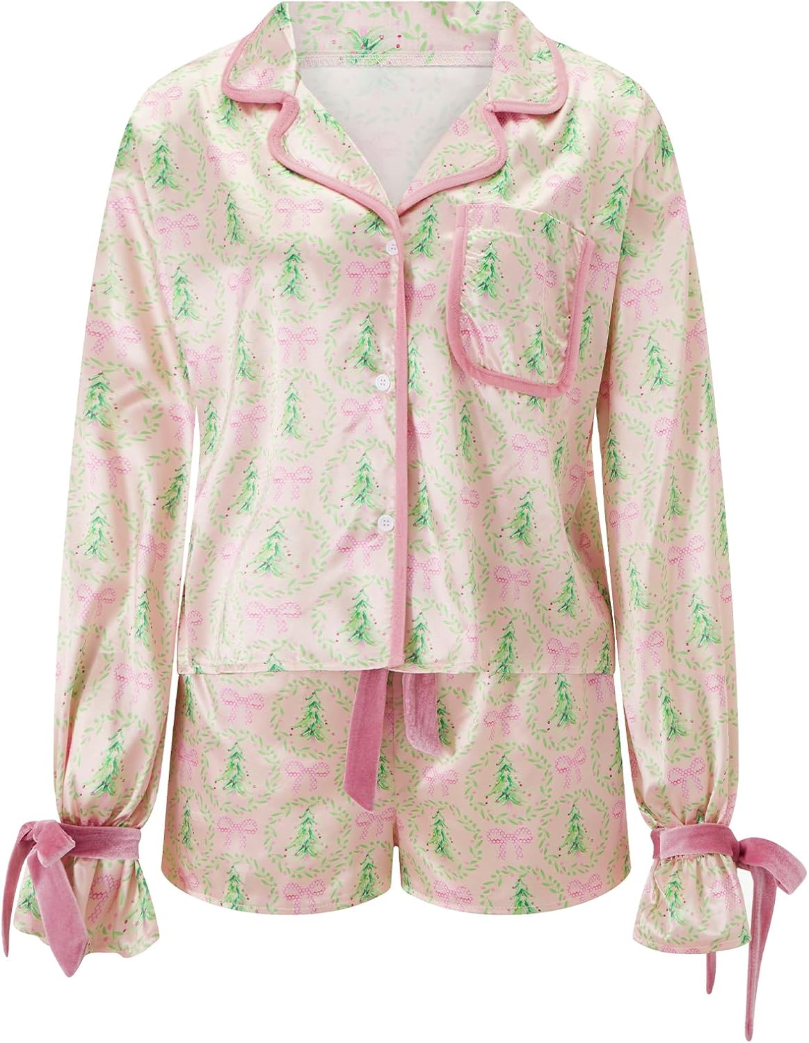 KOSUSANILL Christmas Pajamas Set for Women Cute Santa Nutcracker Button Down Shirt Long Sleeve Shorts Pjs Set Xmas Jammies