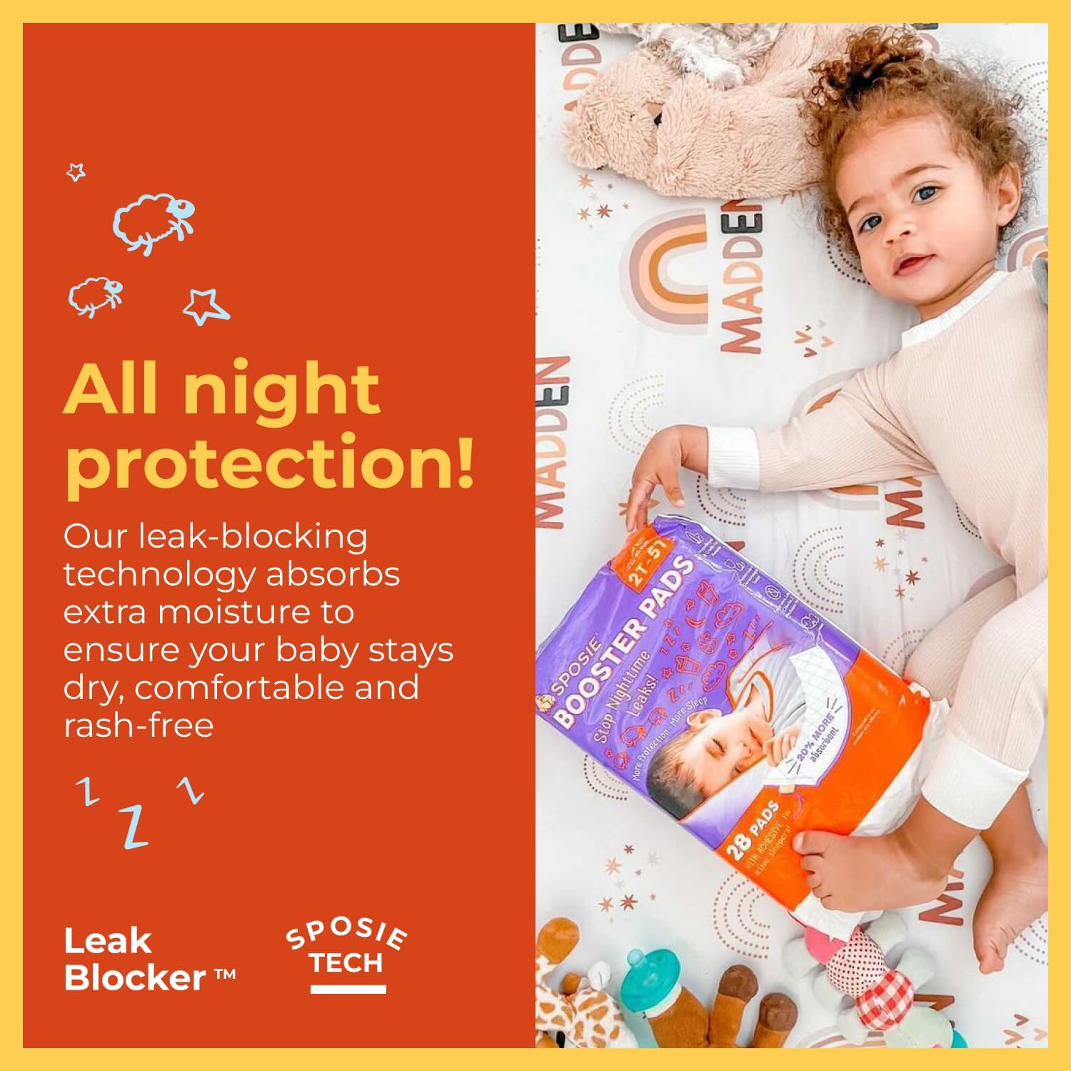 Sposie Overnight Diaper Booster Pads with Adhesive, Size 2T-5T, 84 Ct
