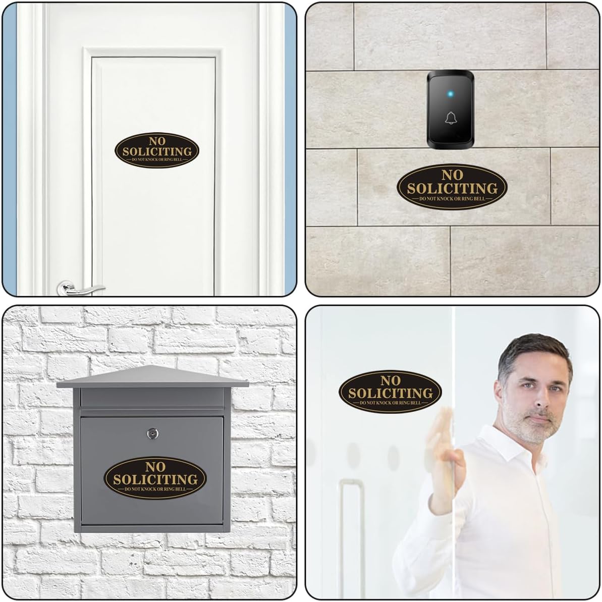 (2 Pack) No Soliciting Sign for House, Self Adhesive No Soliciting Sign for Front Door, No Solicitation Metal Sticker Signs for Home and Yard (Black/Golden, 7 x 3 inches, Do Not Knock or Ring Bell)