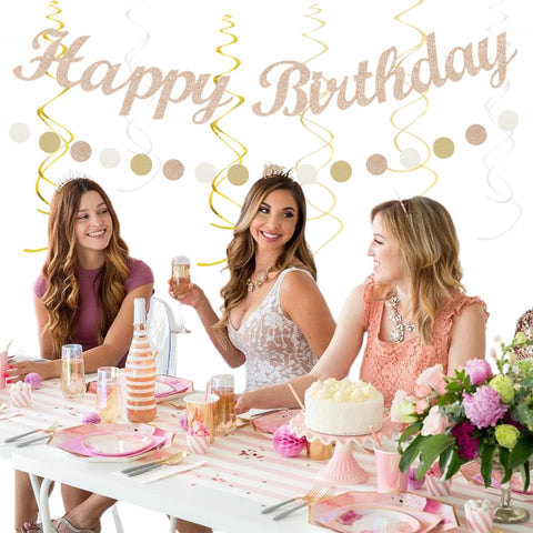 Beige Champagne Rose Gold Women-Girls Birthday Decorations - 21pcs Fall Boho Party Happy Banner, Peach Streamers,Paper Lanterns,Pom Poms Fans 16th 18th 20th 21st 30th Birthday Rustic Backdrop Huglony