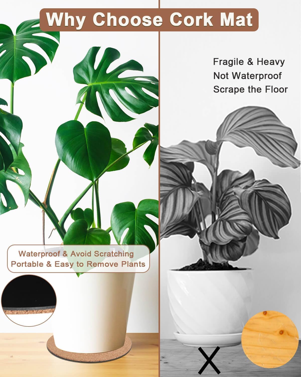6 Inch Cork Plant Coasters, 6 Pack Round Plant Mats for Indoor Flower Pots