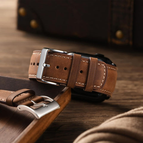 SUNFWR Leather Bands Compatible with Apple Watch Band 41mm 40mm 38mm for Men Women, Top Grain Genuine Leather Replacement Strap for iWatch Ultra SE2 SE Series 8 7 6 5 4 3 2 1 (Red Brown/Silver)