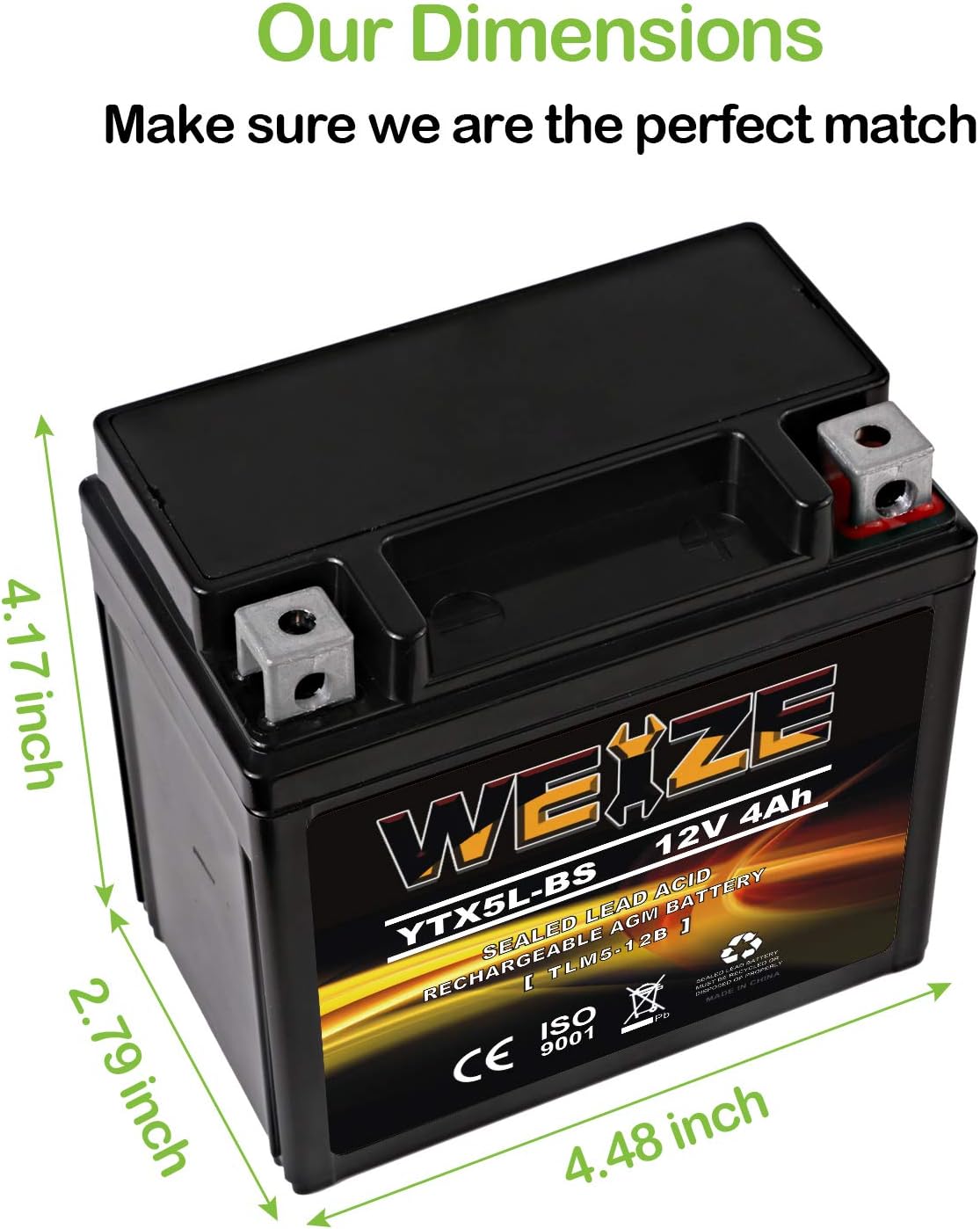 Weize YTX5L-BS High Performance - Maintenance Free - Sealed AGM Motorcycle CTX5L Battery compatible with Honda YUASA Yamaha ETX5L-BS Batteries