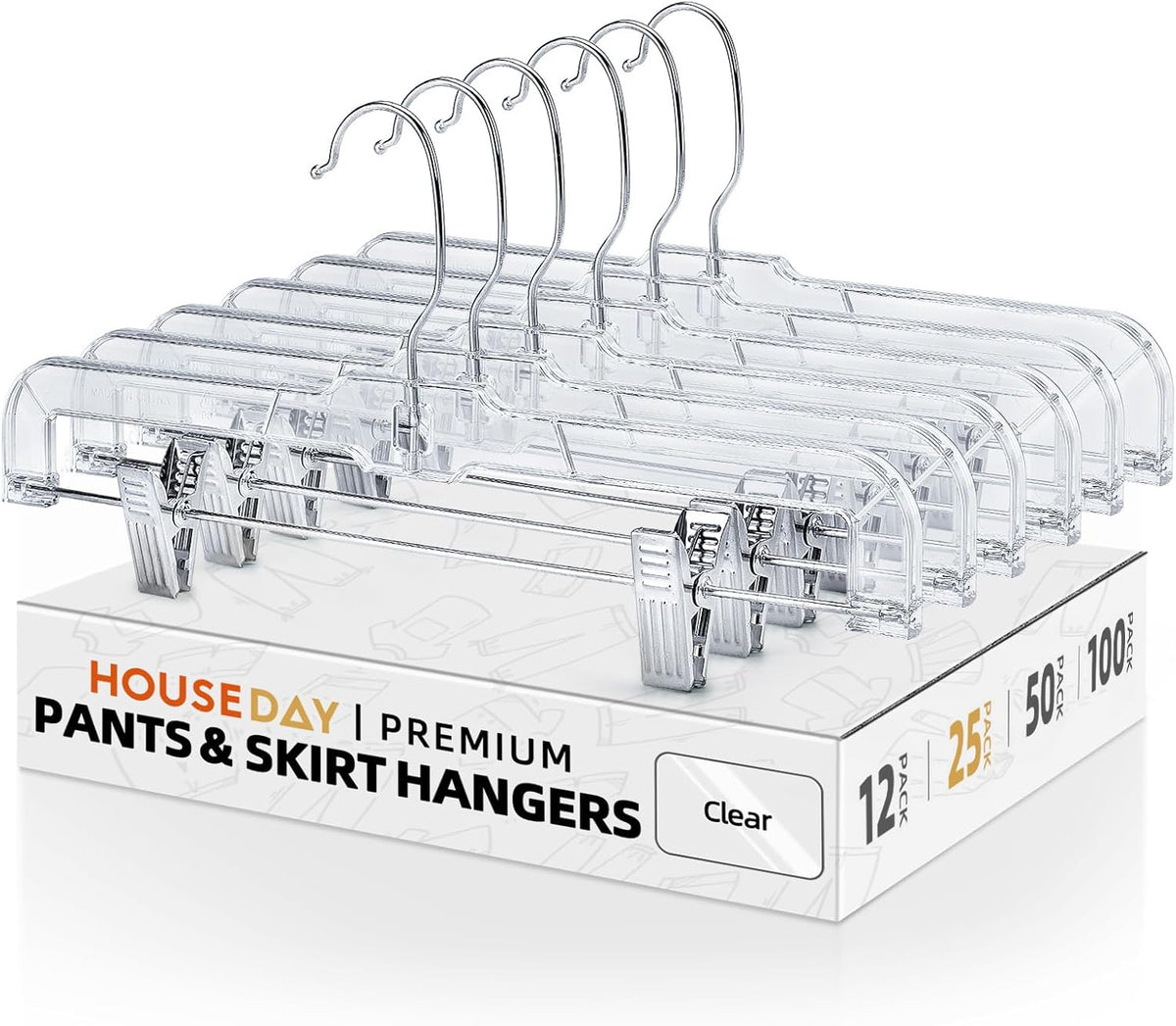 HOUSE DAY 14'' Clear Skirt Hangers with Clips 25 Pack, Plastic Pant Hangers