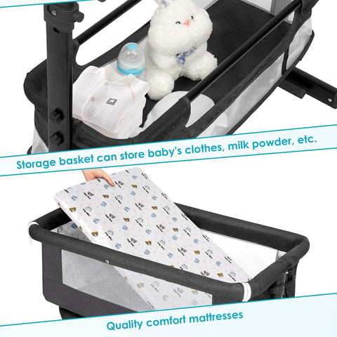 YADAQE Baby Cradle, Freestanding Bedside Bassinet, 3-in-1 Convertible Bassinet with 360° Swivel Wheels, 2026 New Model Adjustable, Easy-Fold Portable Neutral Baby Newborn Bassinet (Dark Gray)