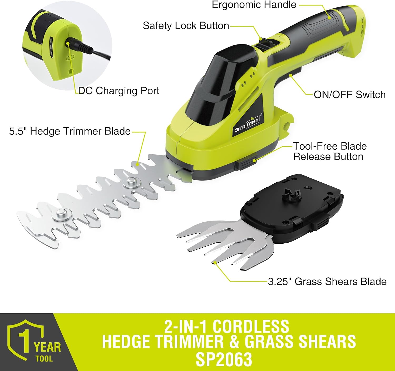 SnapFresh Cordless Grass Shear Bush Trimmer, 2 in 1 Handheld Hedge Trimmer, 7.2V Electric Grass Trimmers, Lightweight Shrubbery Trimmers Battery & Charger Included, Shrub Trimmer for Garden(Green)
