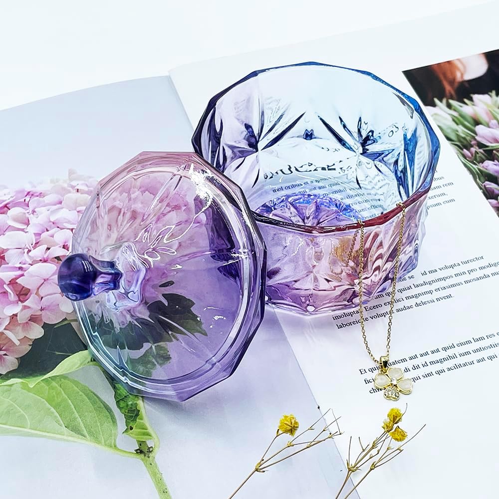 8oz Glass Candy Dish with Non-Airtight Lid,Small Crystal Chrismas Candy Jar,Cotton Round Holder,Office,Bathroom,Dining Room Organizer(Colorful Purple)