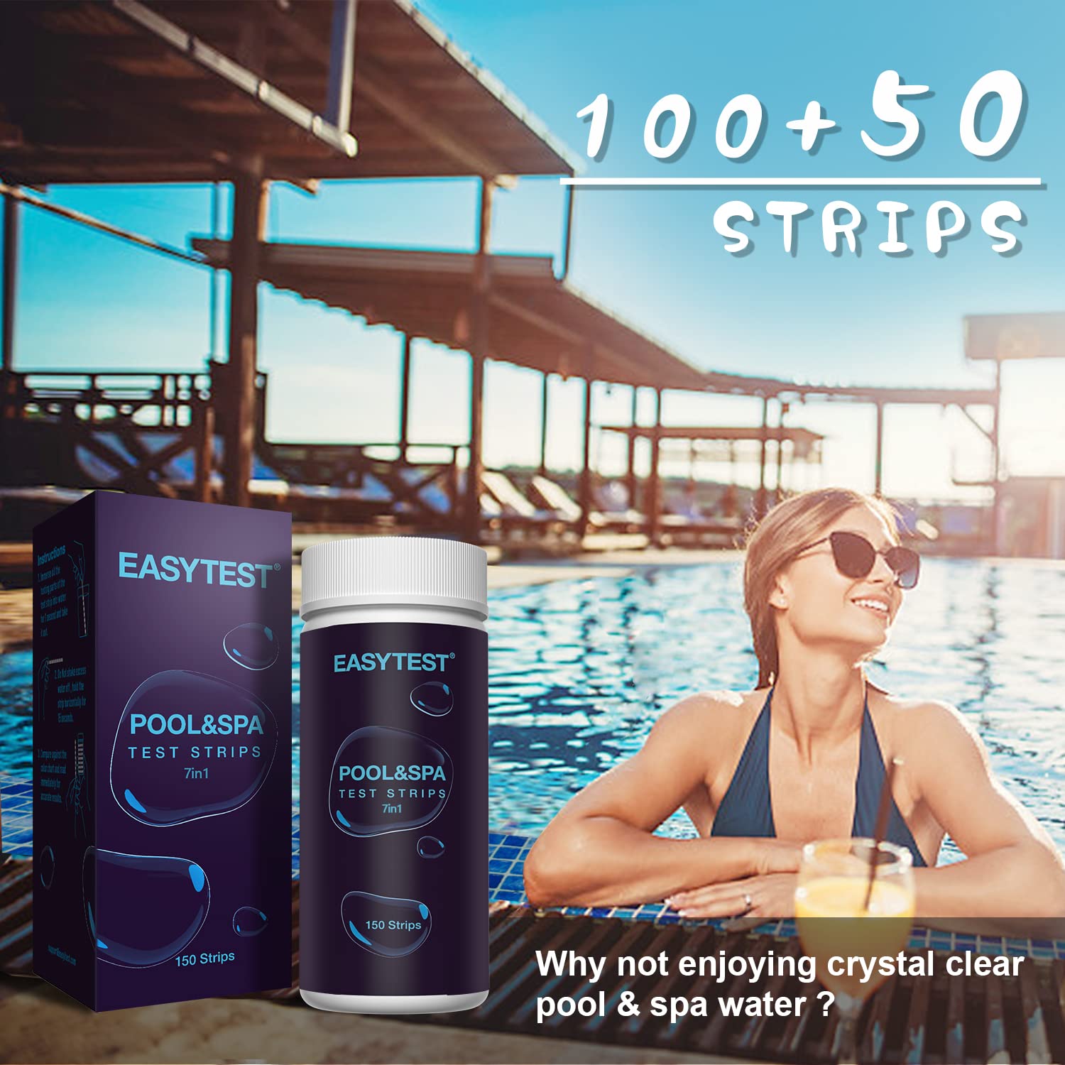 EASYTEST 7-Way Pool Test Strips, 150 Strips Water Test for Hot tub and Spa