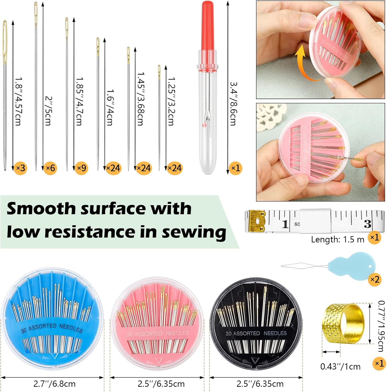 FIVEIZERO Premium Hand Sewing Needles Set,90-Count Assorted Embroidery Needles with threaders,Thread Removal Knife, Thimble,Soft Tape Measure for Hand Sewing Repair