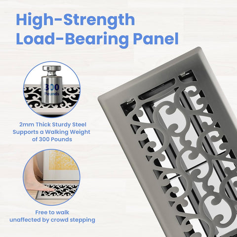 Howeall 4x8 Inches 2 Pack Heavy Duty Walkable Floor Register - Easy Adjust Air Supply Lever Decorative Floor Vent Covers, Savannah Design Vent Covers for Home - Satin Nickel
