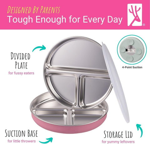 Elk and Friends Kids/Toddler 7.8" Stainless Steel Divided Plate + Lid | 4pk