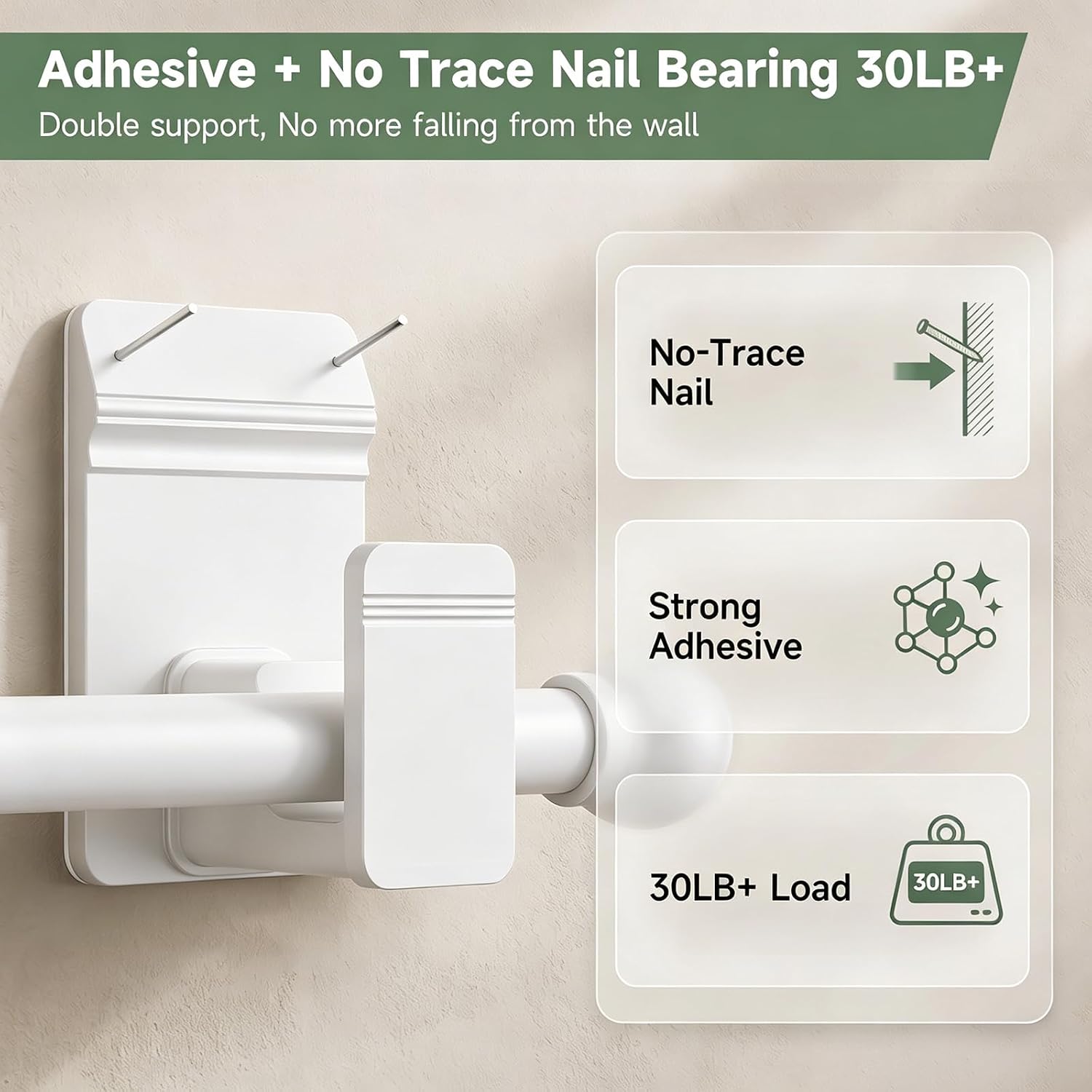 EKOTTOK No Drill Curtain Rod Brackets for 5/8" Rod, Heavy Duty 30LB+, Adhesive & Invisible Nail Curtain Rod Holders, Damage-Free Wall Mount Hooks for Bathroom, Kitchen, Bedroom (8PC, White)