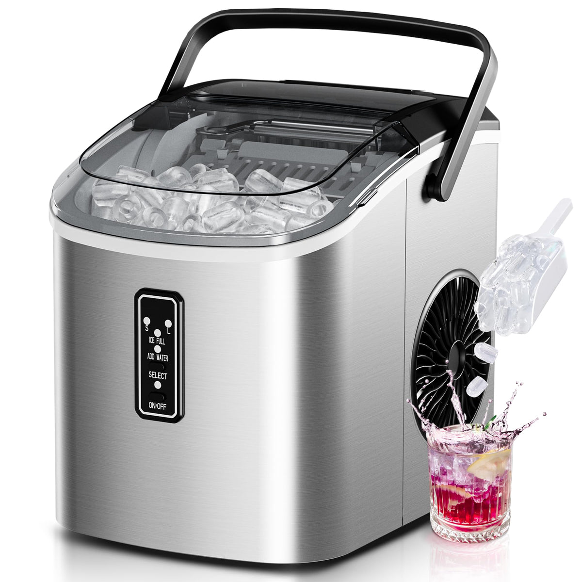 EUHOMY Ice Maker Countertop, 9 Cubes Ready in 6 Mins, 26lbs/24H, Self-Cleaning, Portable Ice Maker Machine with Carry Handle, Basket and Scoop, 2 Sizes of Bullet Ice for Home, Kitchen, Office