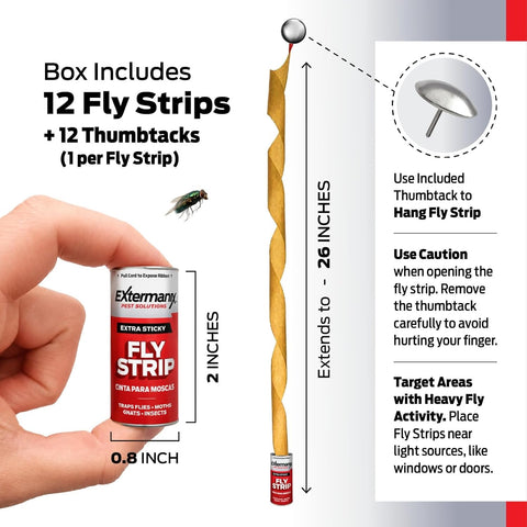 Fly Strips for Gnats, Fruit Flies & House Flies – Extra Sticky Fly Paper – Indoor Sticky Hanging Fly Tape for Home & Kitchen – Non-Toxic Fly Ribbon Rolls with Pins – 12 Pack