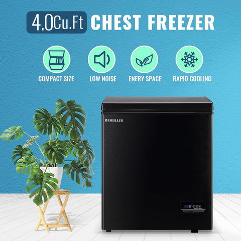 4.0 Cu.Ft Deep Freezer with Electronic Control Freestanding Freezers with 2 Hanging Stainless Steel Basket Mini Freezer Top Open Door Compact Freezer Ideal for Office Basement Kitchen Black