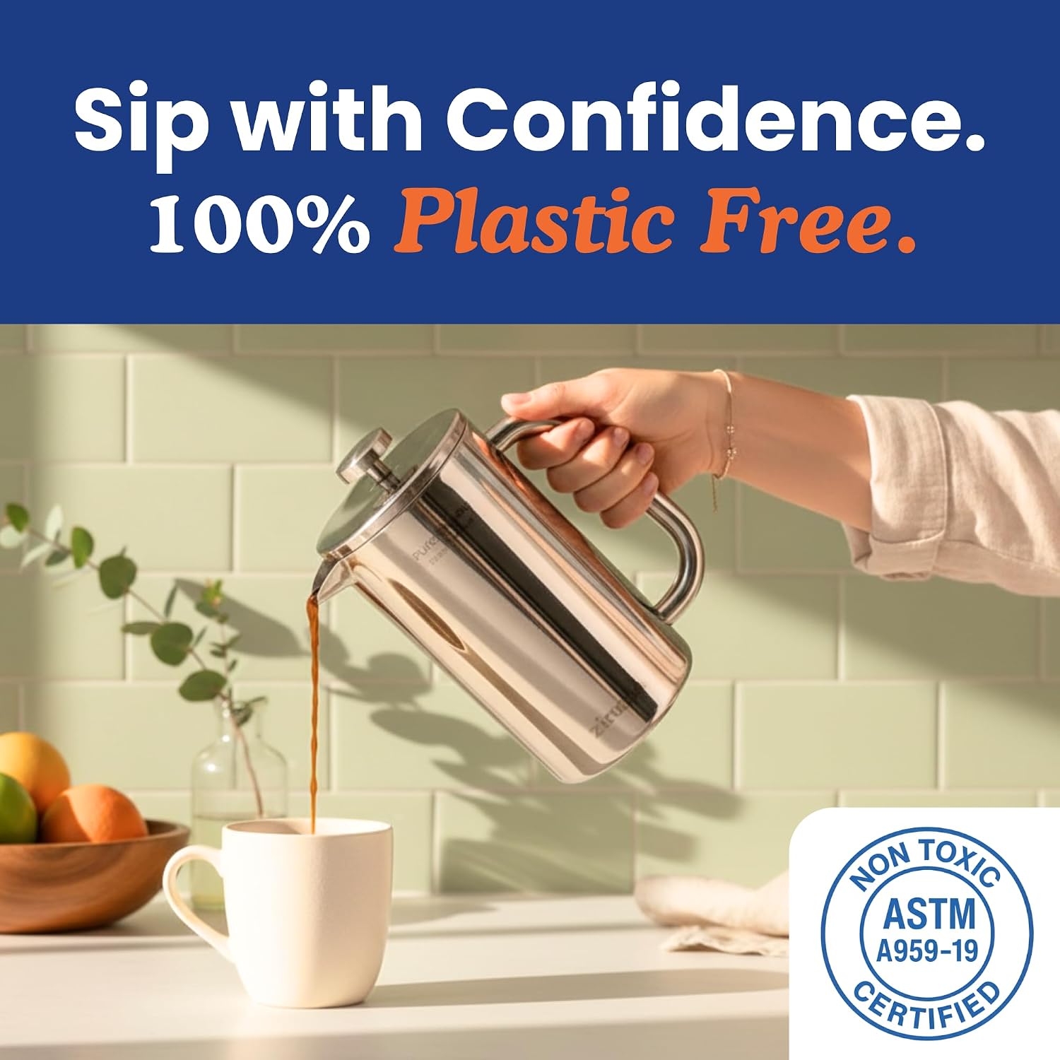 Ziruma Non-Toxic Stainless Steel French Press, No Plastic or Heavy Metals, 34 oz (Pack of 2)