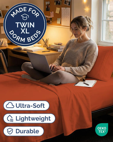Twin XL 3 Piece Sheet Set - College Dorm Room Essentials - Terracotta