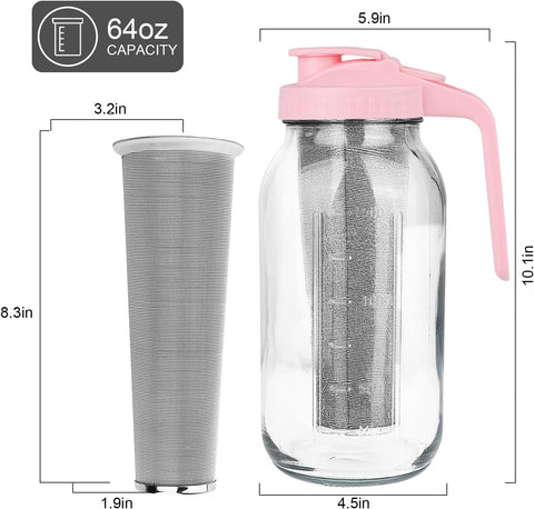 Cold Brew Coffee Maker, 64 oz Mason Jar Pitcher with Stainless Steel Filter, Pour Spout Handle Lid, Heavy Duty Glass Airtight & Leak-Proof for Iced Coffee,Tea & Lemonade