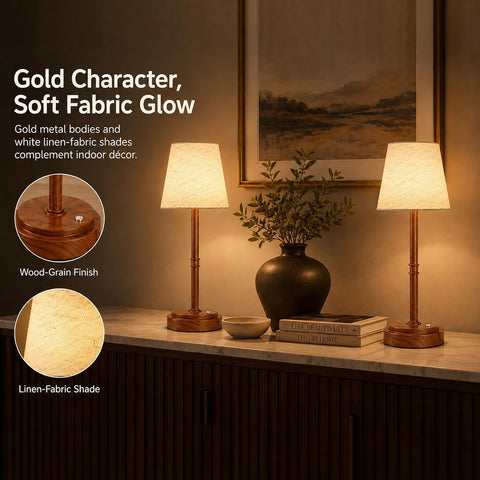 Cordless Table Lamps 2 Pack, Rechargeable Battery Operated Lamps, Wood