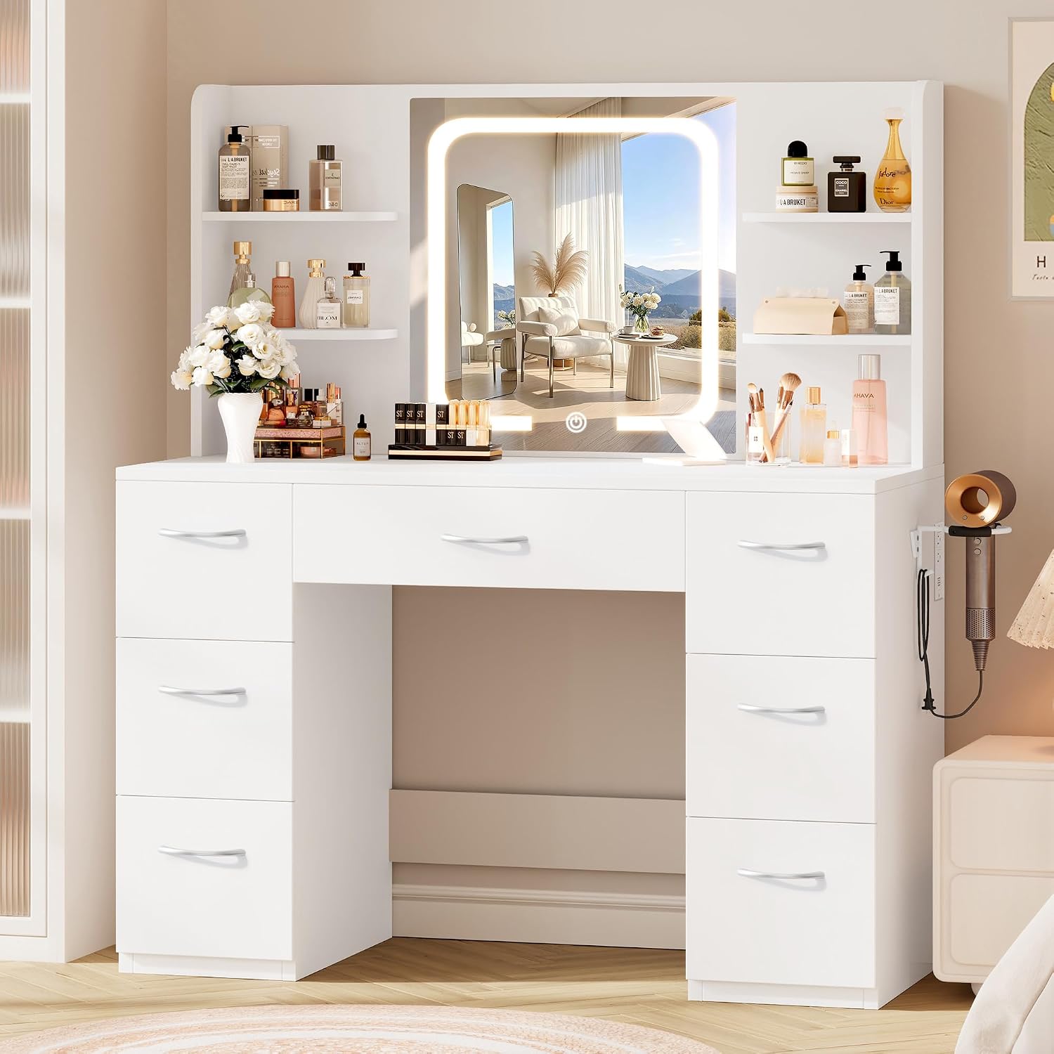 LIVELYGLOW 43" Large White Makeup Vanity Desk with Charging Station