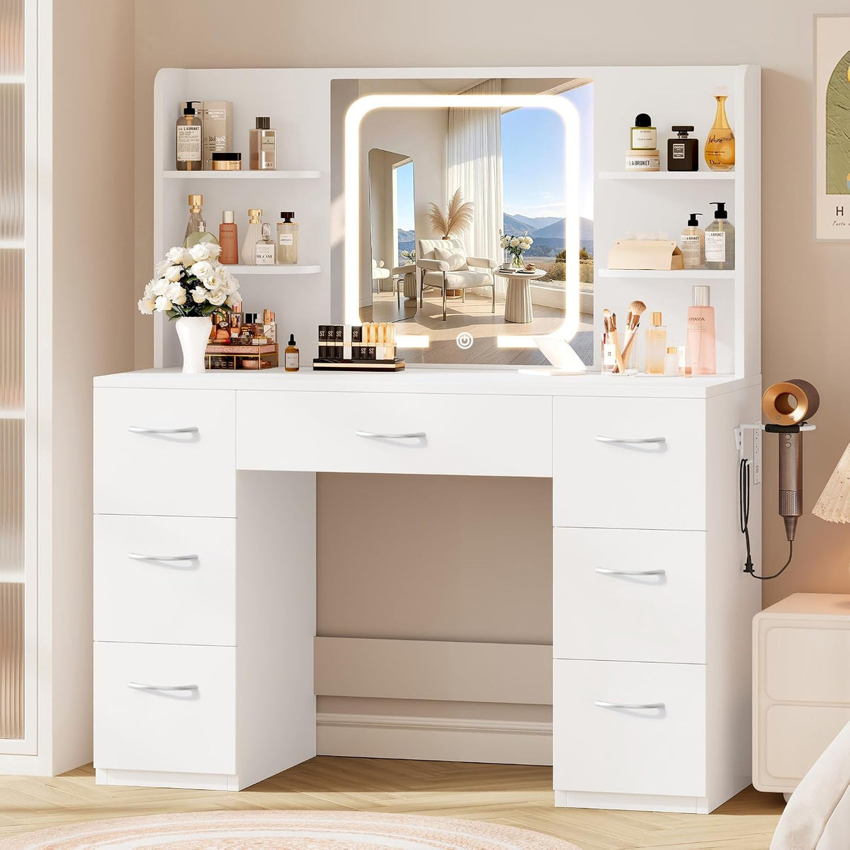 LIVELYGLOW 43" Large White Makeup Vanity Desk with Charging Station