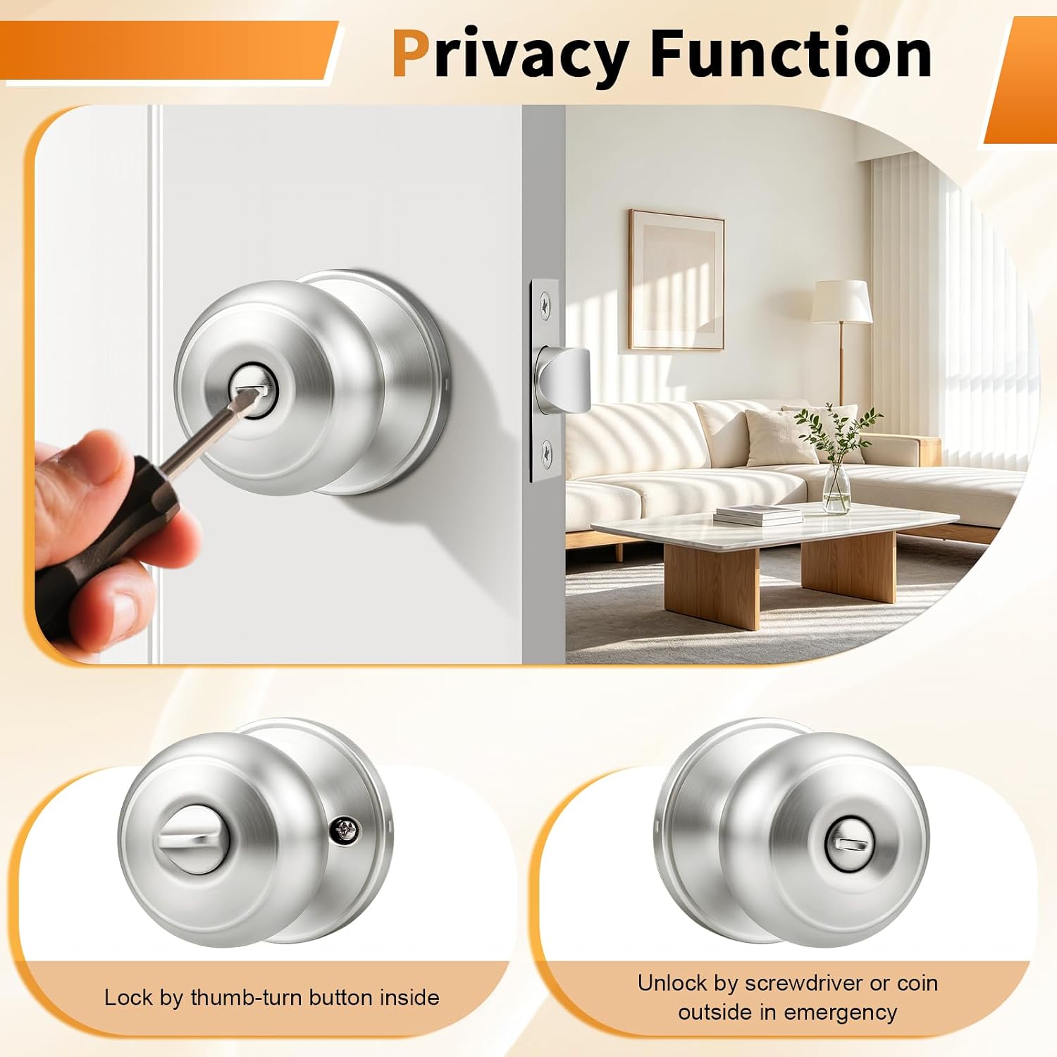 Probrico Brushed Nickel Interior Door Knobs, Privacy Door Knob for Bathroom Bedroom, Stainless Steel Door Knob with Lock for Interior Door, 8 Pack