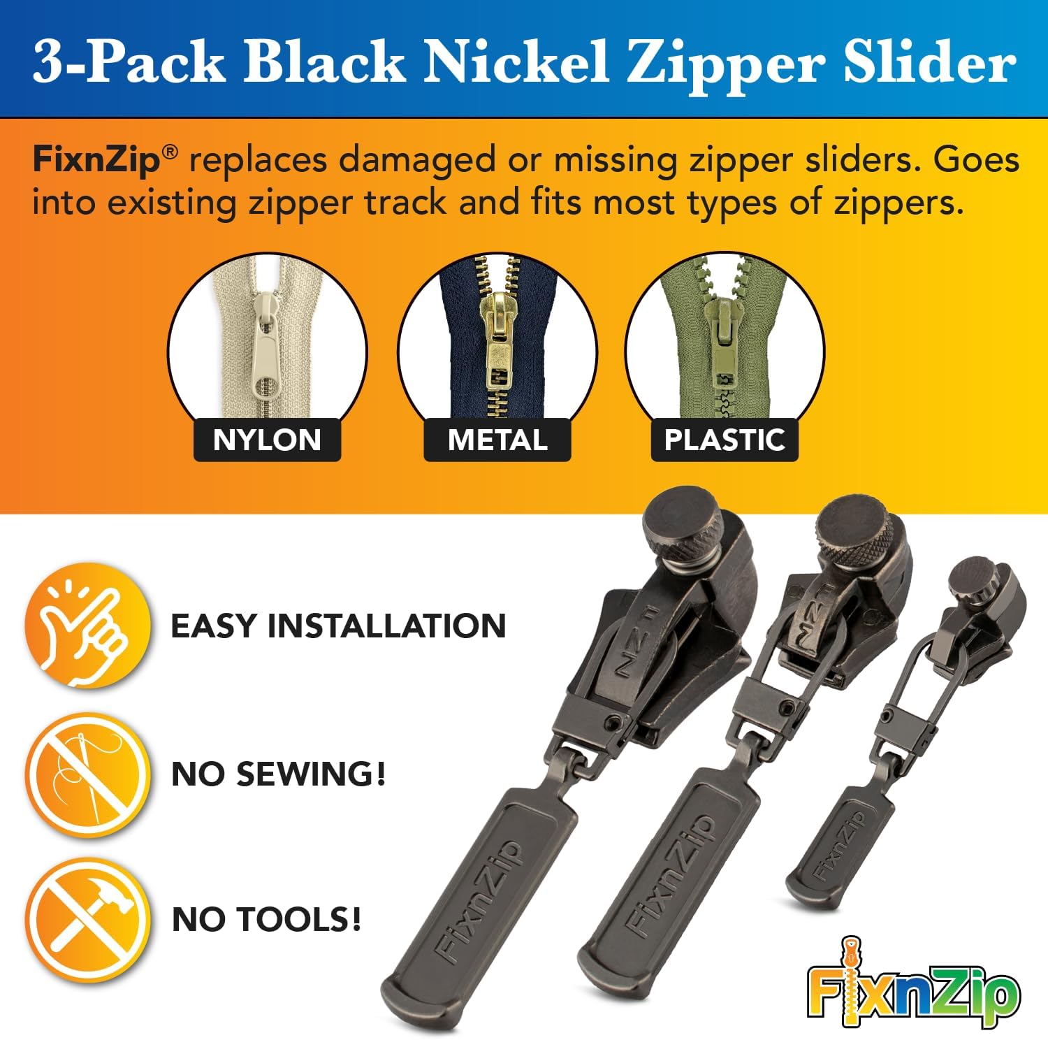 FixnZip (Black Nickel 3 Pack S,M,L) - Universal Zipper Repair Kit for Jackets, Luggage, Bags - Backpack Zipper Replacement Repair Kit - Instant Zipper Fix