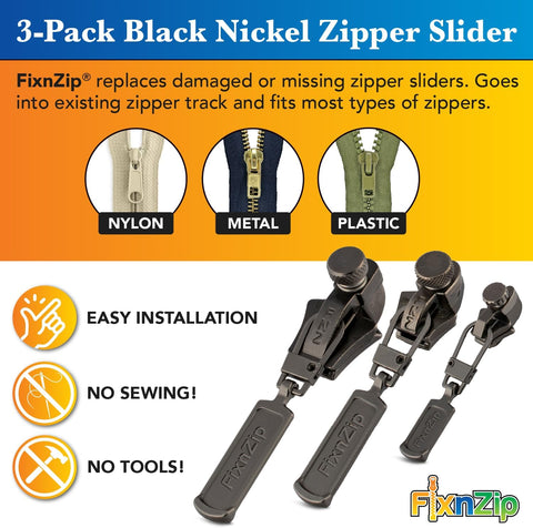FixnZip (Black Nickel 3 Pack S,M,L) - Universal Zipper Repair Kit for Jackets, Luggage, Bags - Backpack Zipper Replacement Repair Kit - Instant Zipper Fix