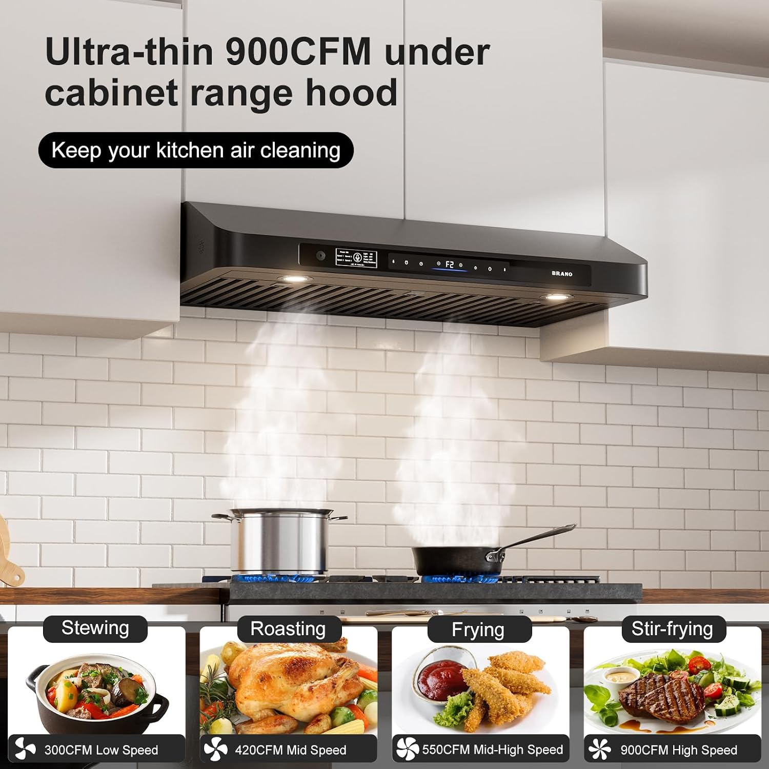 Brano Range Hood 36 Inch Under Cabinet,900CFM Voice/Gesture/Touch Control Ducted Kitchen Hood Vent With 4 Speed Exhaust Fan, Memory Mode, Adjustable Lights,Black