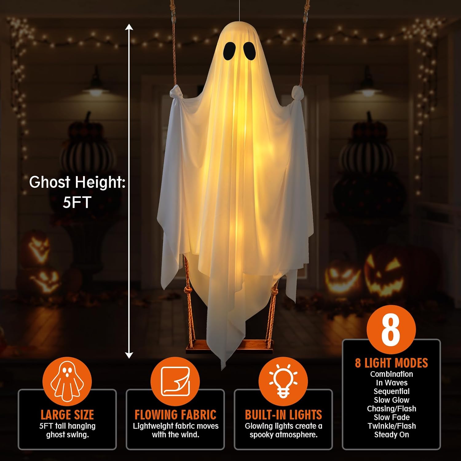 Halloween Hanging Ghost Decorations, 5FT Swinging Ghost with Remote Lights