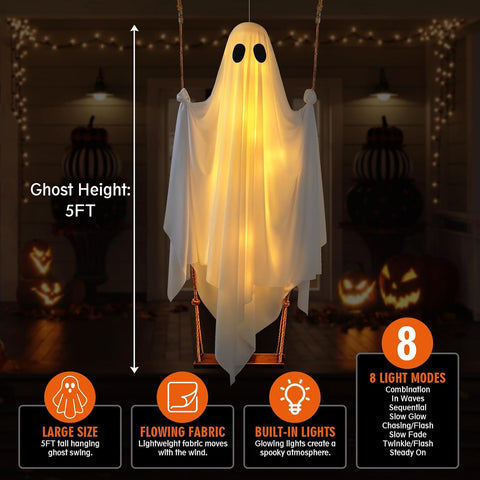 Halloween Hanging Ghost Decorations, 5FT Swinging Ghost with Remote Lights