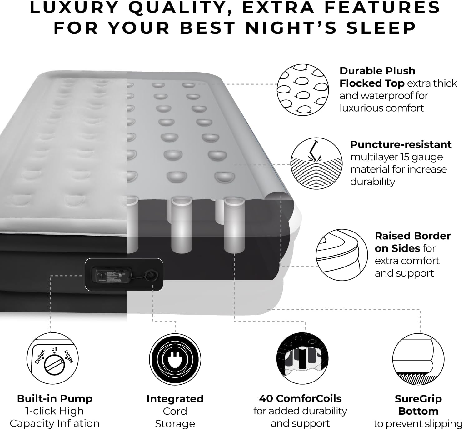 SoundAsleep Dream Series Raised Queen Air Mattress, Built-in Pump, Black