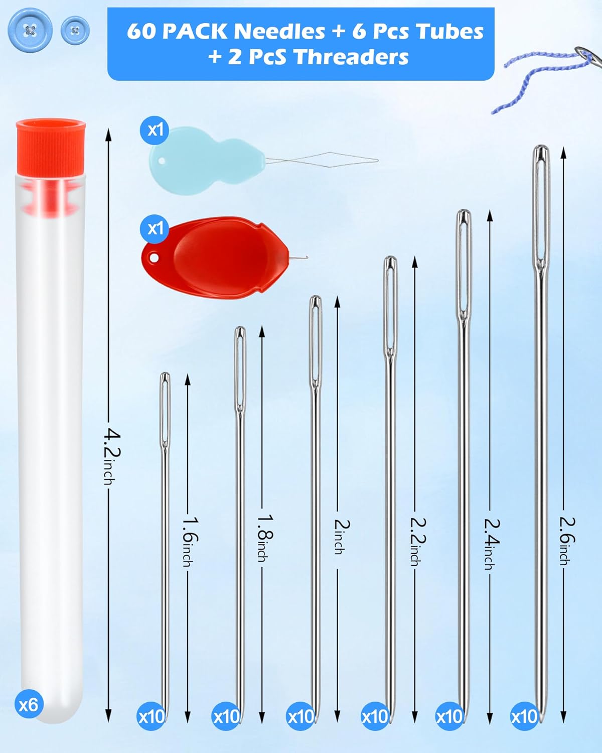 FIVEIZERO Large Eye Needles for Hand Sewing, 60 Pack, Assorted Sizes, Sewing Needles, Needles, Needles for Sewing, Embroidery Needles for Hand Sewing, Sliver