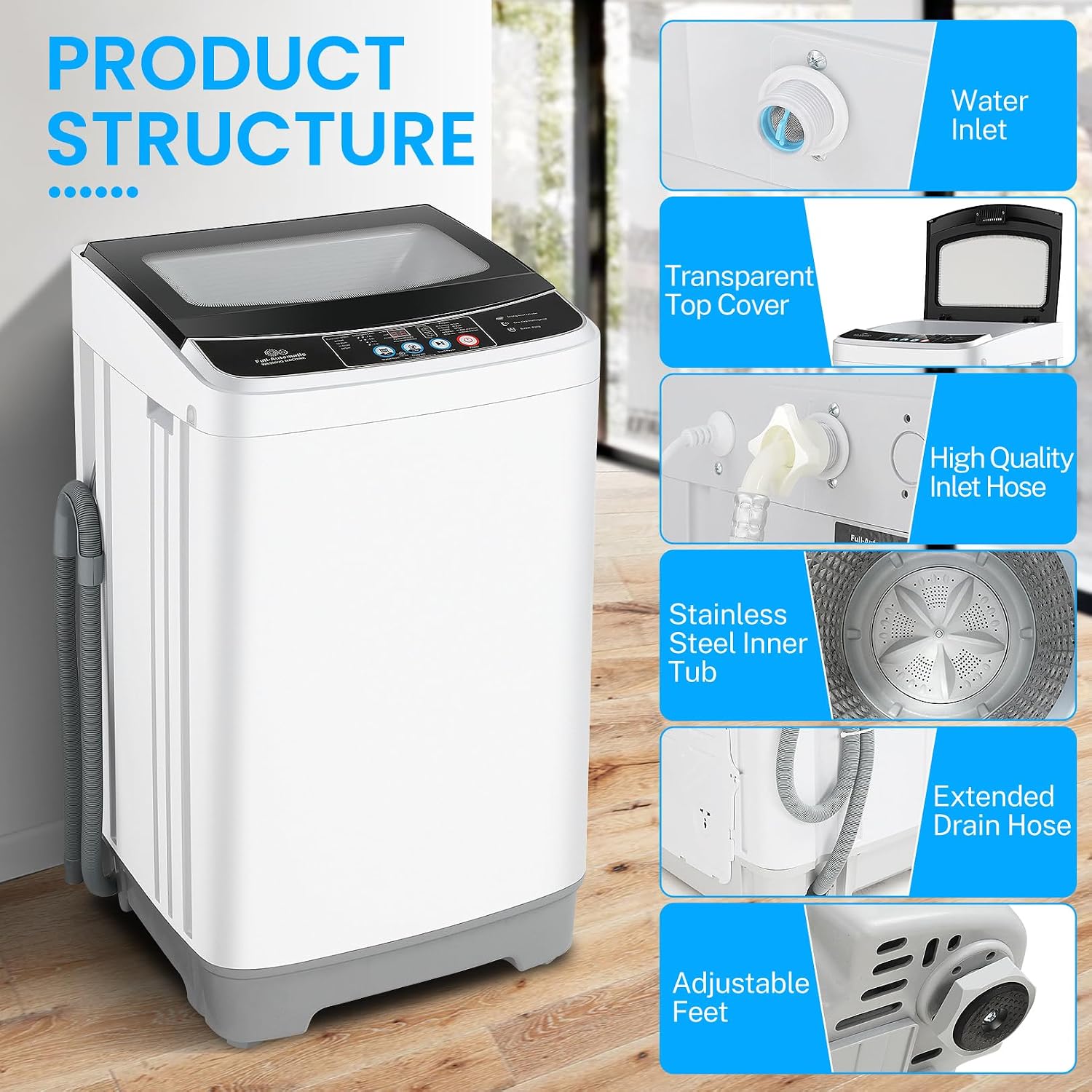Nictemaw Portable Washing Machine, 17.8Lbs Capacity, Glass Top Lid