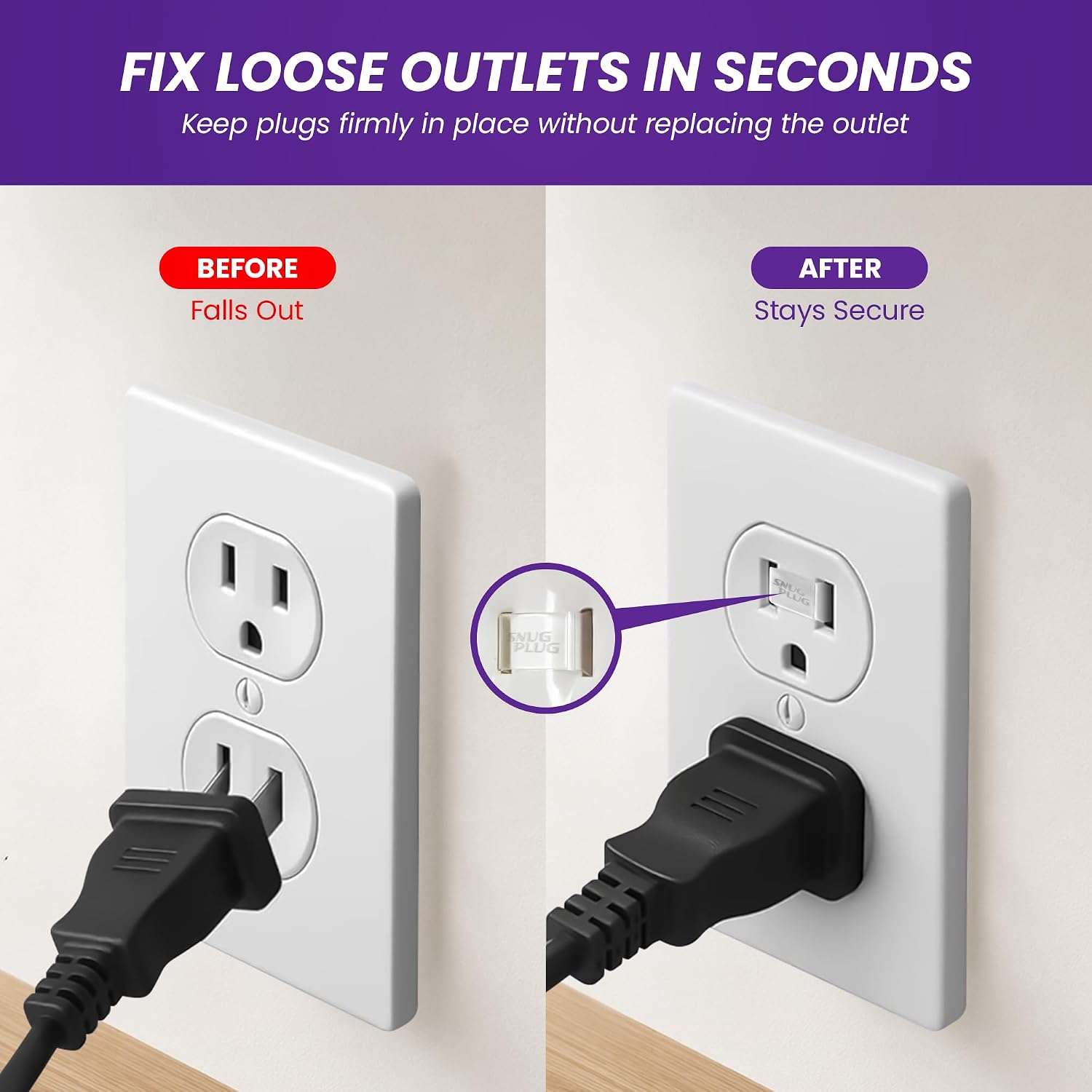 Loose Outlet Plug Fix | Snug Plug Outlet Tightener| Clear | 25 Pack