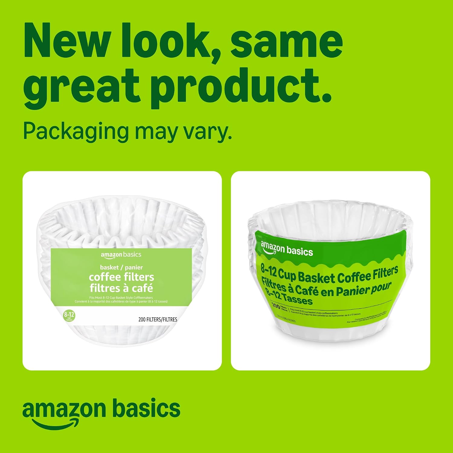 Amazon Basics Basket Coffee Filters for 8-12 Cup Coffee Makers, White, 200 Count, Packaging May Vary