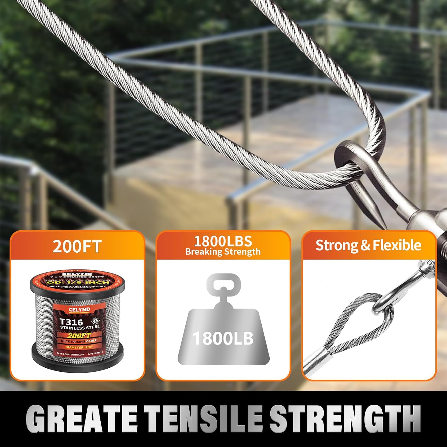 Stainless Steel Cable for Railing - 200FT 1/8" T316 Wire Rope Cable