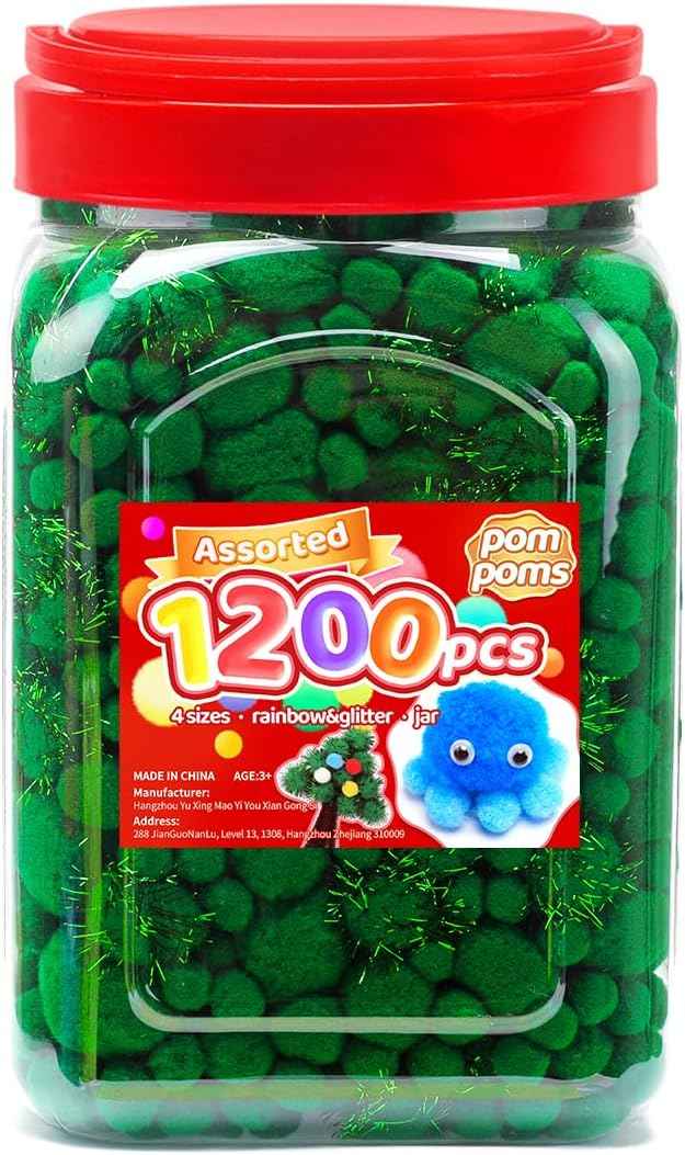 Iooleem Green Pom Poms, 1200pcs Assorted Size Pompoms, Pom Poms for Arts and Crafts, Pom Pom Balls with Wiggle Eyes in jar, Glitter Pom Poms, Craft Supplies.