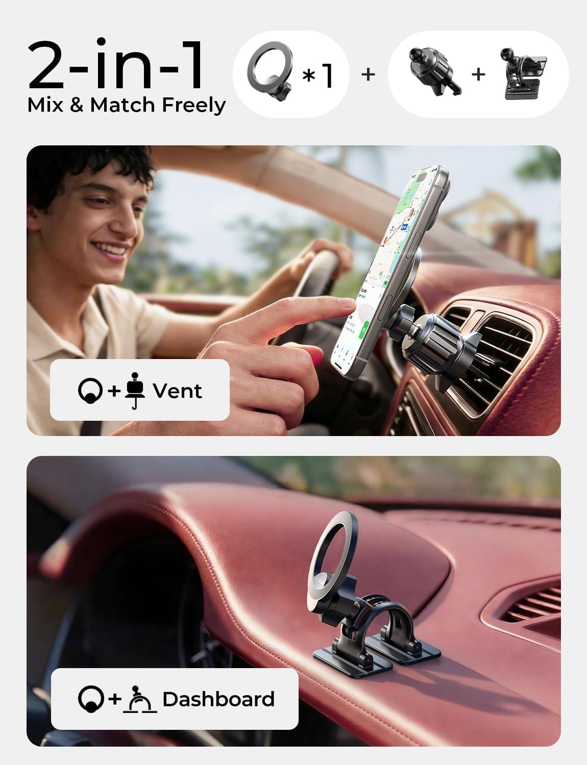 LISEN for MagSafe Car Phone Mount -Strong Magnets Magnetic Phone Holders for Your Car 2-in-1 Vent Dashboard Magnet Cell Phones Holder Mounts Car Accessories Gifts for Men Women fit iPhone, Black
