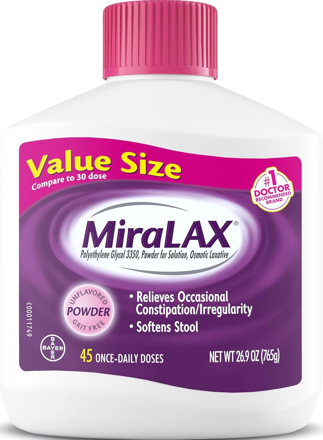 MiraLAX, Laxative Powder, Gentle Constipation Relief for Adults, Stool Softener with PEG 3350, Nonstimulant Laxative, No Harsh Side Effects, Osmotic Laxative, 45 Count
