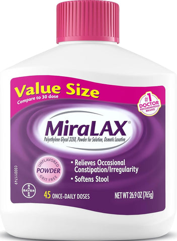 MiraLAX, Laxative Powder, Gentle Constipation Relief for Adults, Stool Softener with PEG 3350, Nonstimulant Laxative, No Harsh Side Effects, Osmotic Laxative, 45 Count