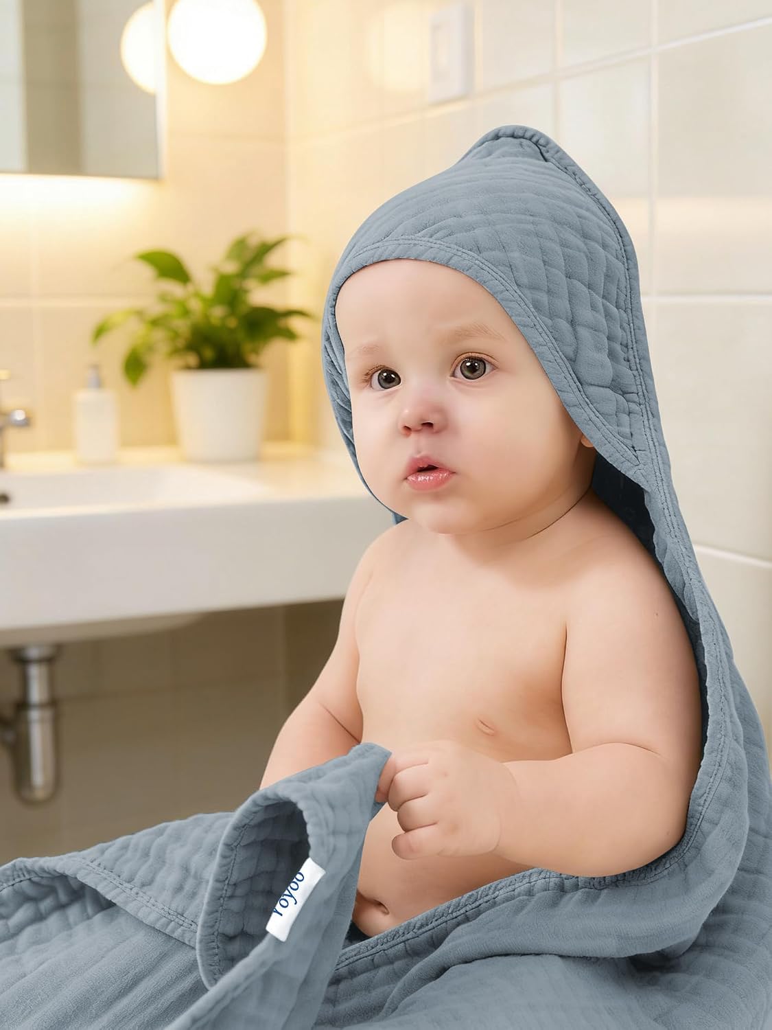 Muslin Hooded Baby Bath Towels - 3 Pack 100% Cotton Ultra-Soft Towels for Newborns, Infants, Toddlers - 32x32 Inch - Highly Absorbent, Quick-Dry Essentials for Bath, Beach, Pool, Green Blue Series