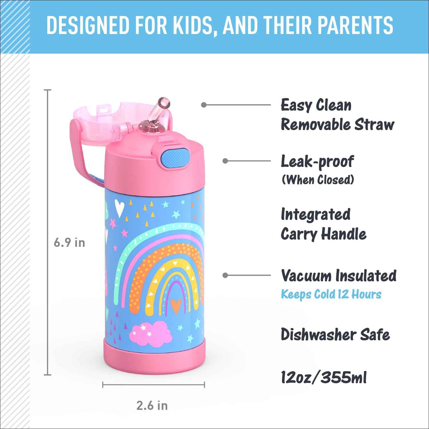 THERMOS FUNTAINER Water Bottle with Straw, 12oz, Rainbow Dreams
