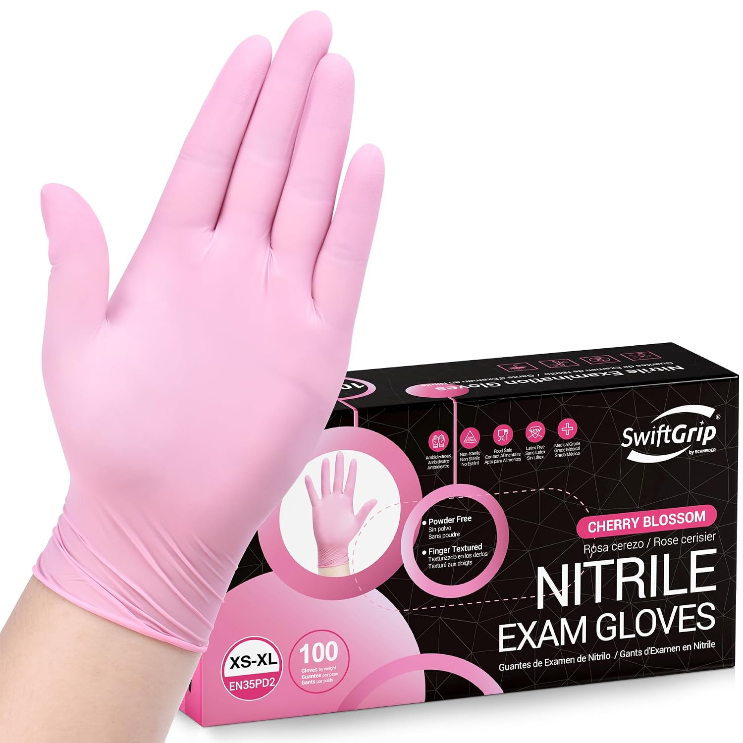 SwiftGrip Pink Nitrile Gloves, 3-mil, Industrial Gloves Disposable Latex Free, for Cleaning & Esthetician, Rubber Powder-Free, 100-ct Box (X-Large)